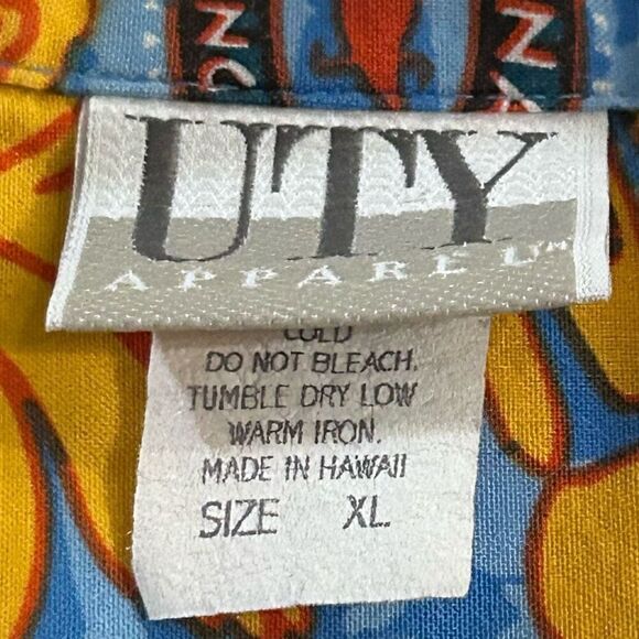 Vtg 90s UTY Apparel Hawaiian Shirt Mens XL Blue Yellow Button Front Short Sleeve - Picture 13 of 14